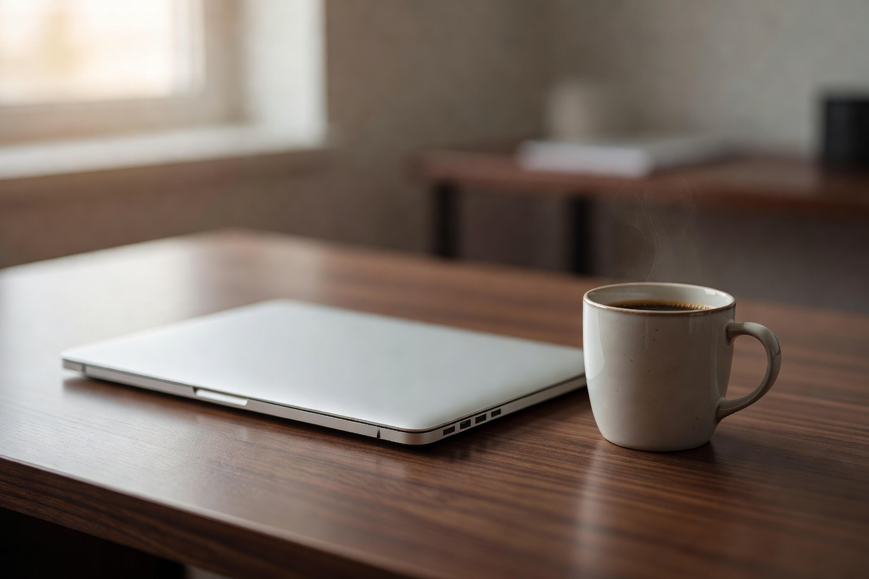 A closed laptop resting on a wooden desk beside a mug, photographed with a shallow depth of field