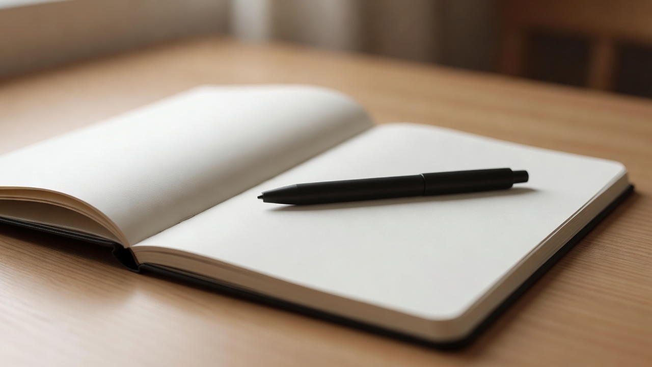 Close-up of an open paper notebook with a pen resting across a blank page, the background gently blurred