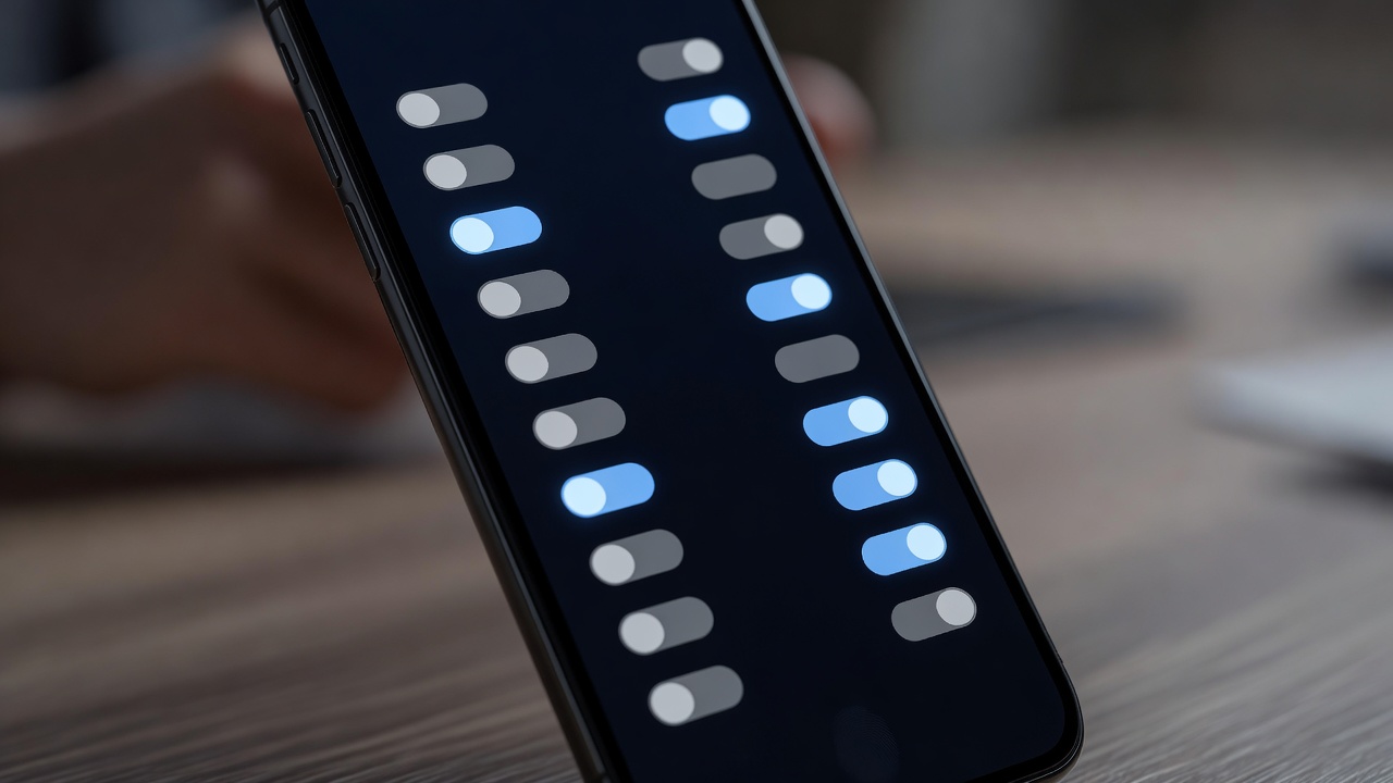 Close-up of a smartphone screen showing a column of generic settings switches, with the background softly blurred